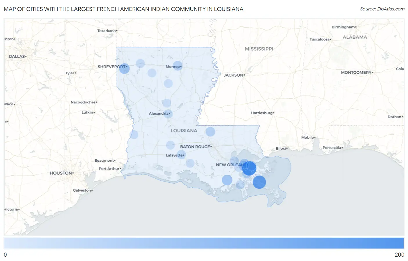 Cities with the Largest French American Indian Community in Louisiana Map