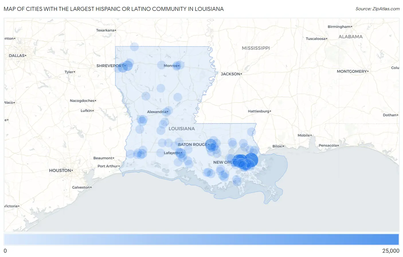 Cities with the Largest Hispanic or Latino Community in Louisiana Map