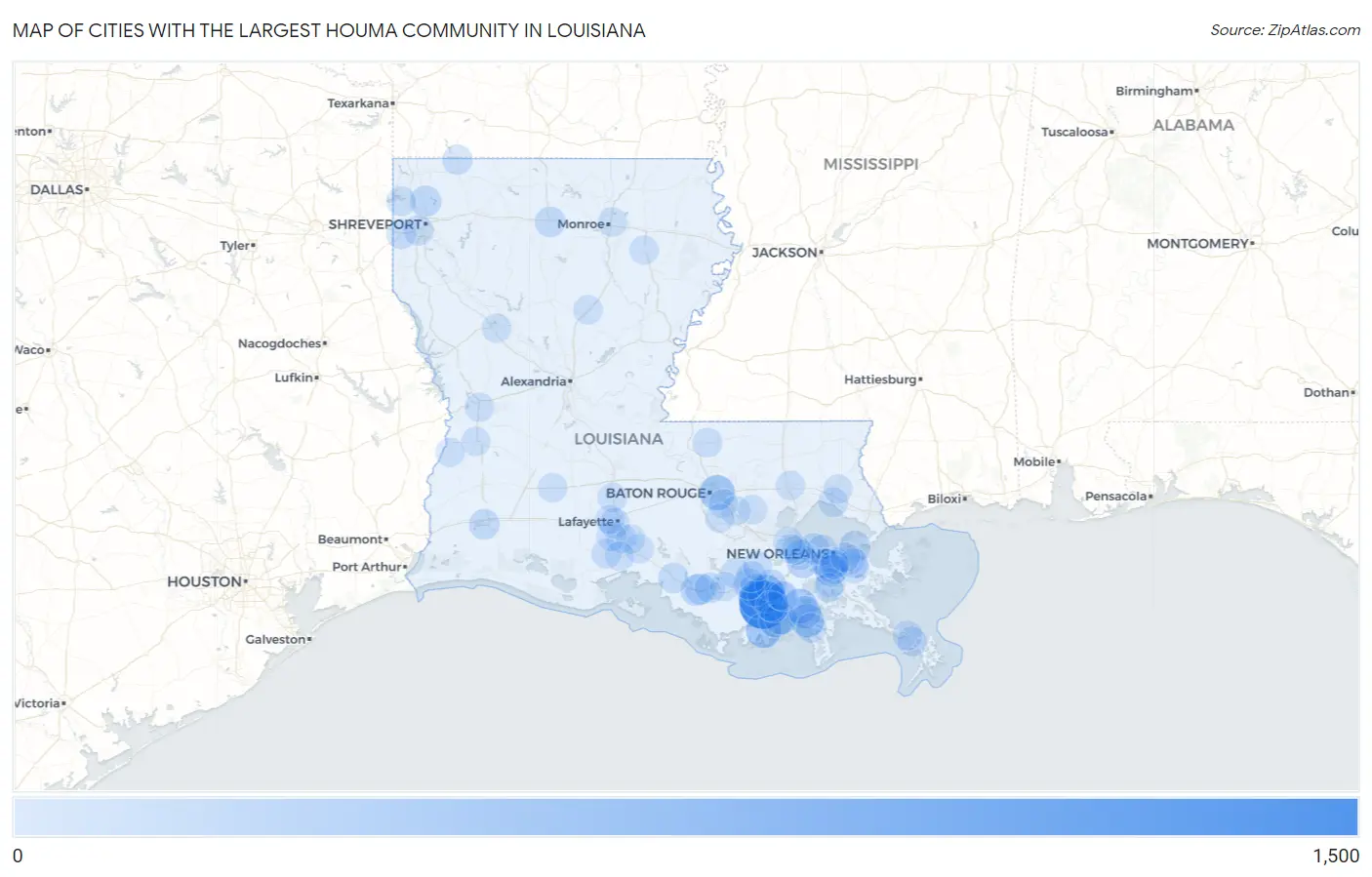Cities with the Largest Houma Community in Louisiana Map