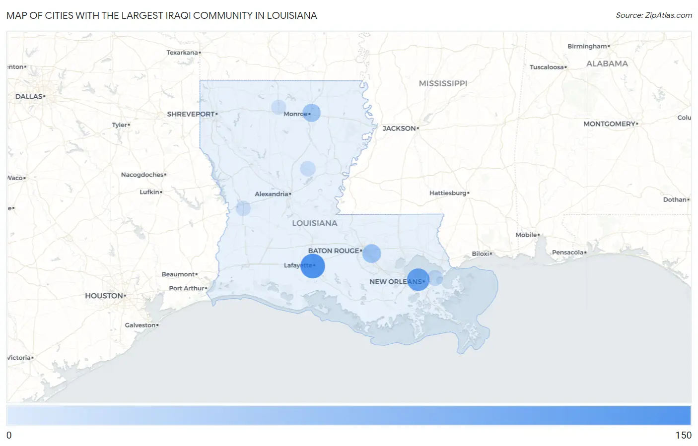Cities with the Largest Iraqi Community in Louisiana Map