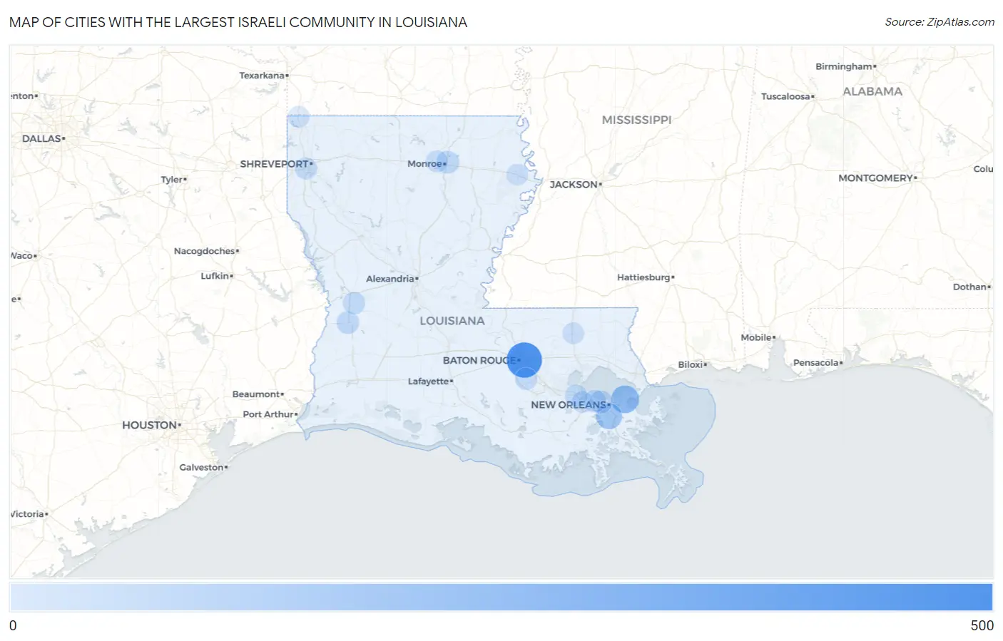 Cities with the Largest Israeli Community in Louisiana Map