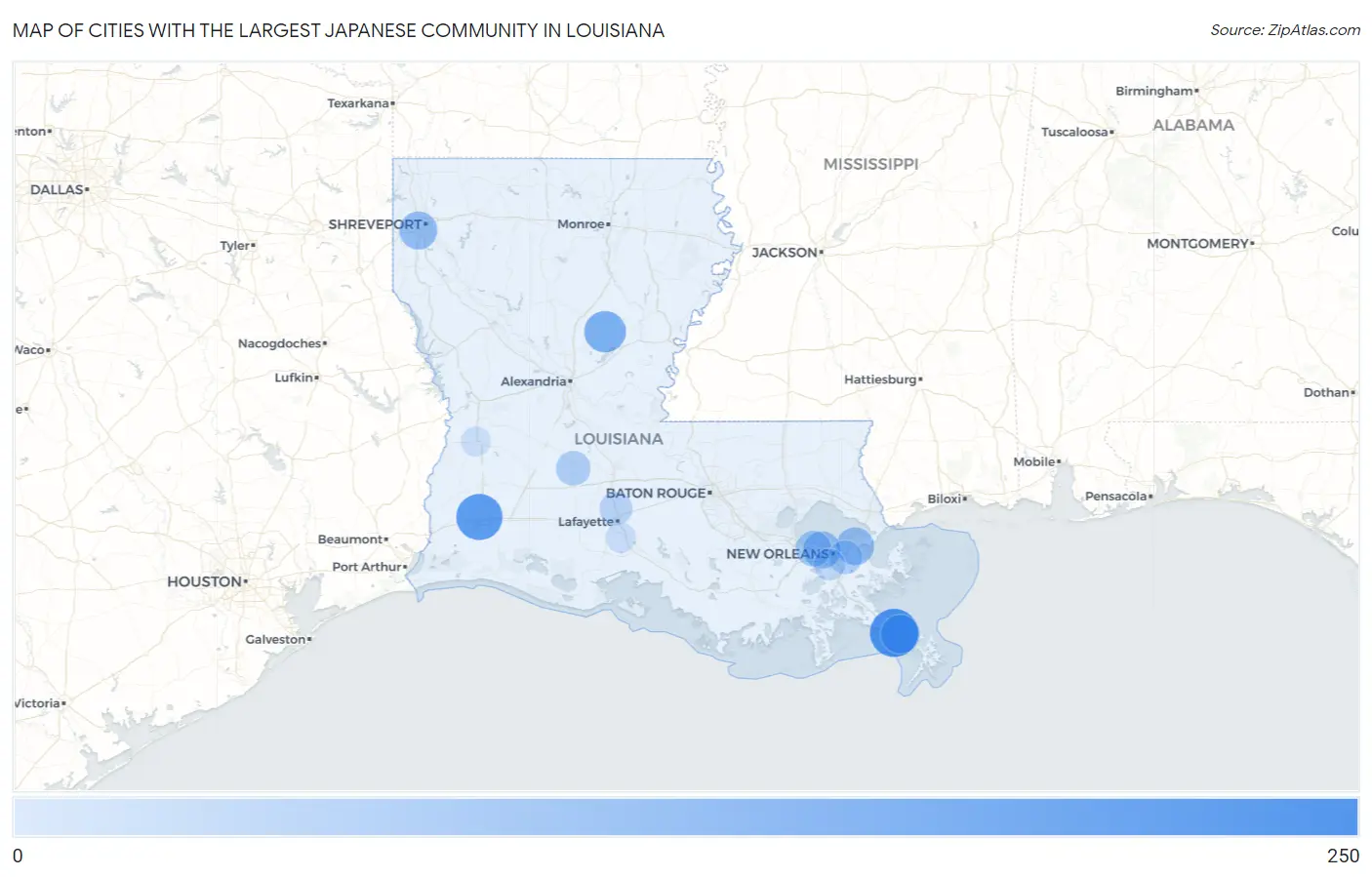 Cities with the Largest Japanese Community in Louisiana Map