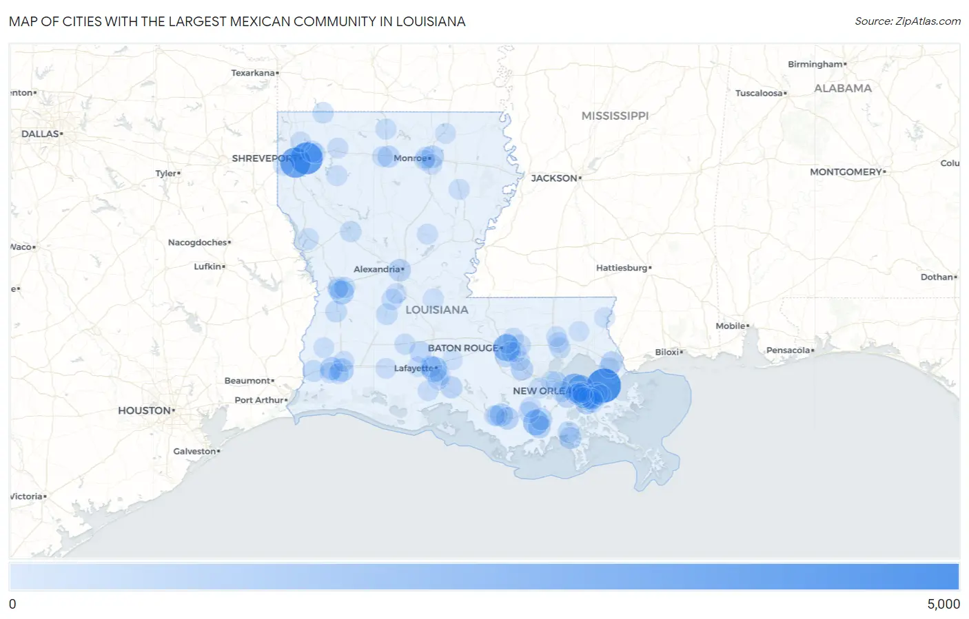 Cities with the Largest Mexican Community in Louisiana Map