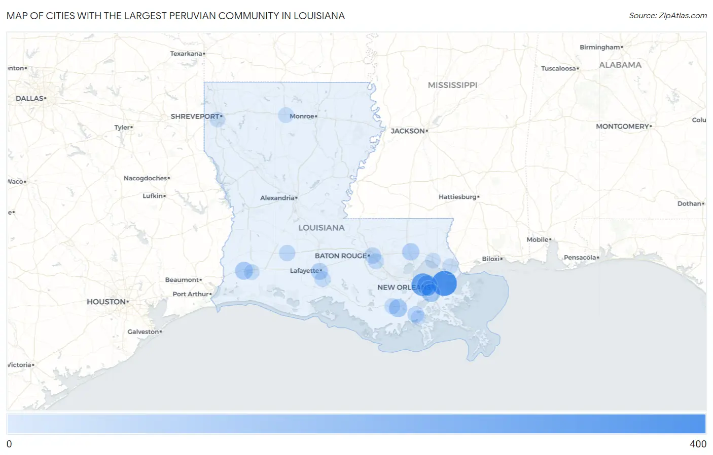 Cities with the Largest Peruvian Community in Louisiana Map