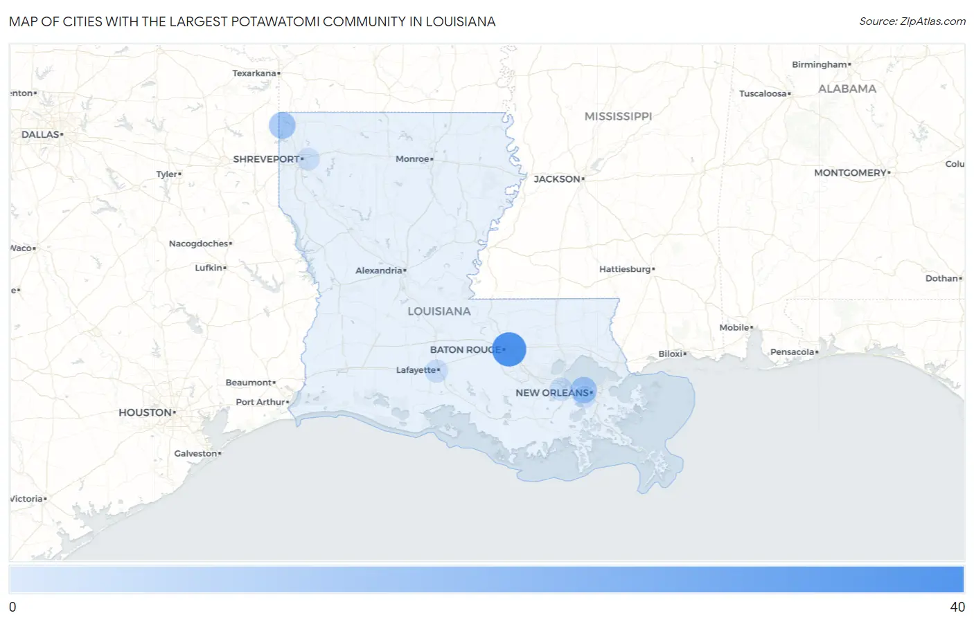 Cities with the Largest Potawatomi Community in Louisiana Map