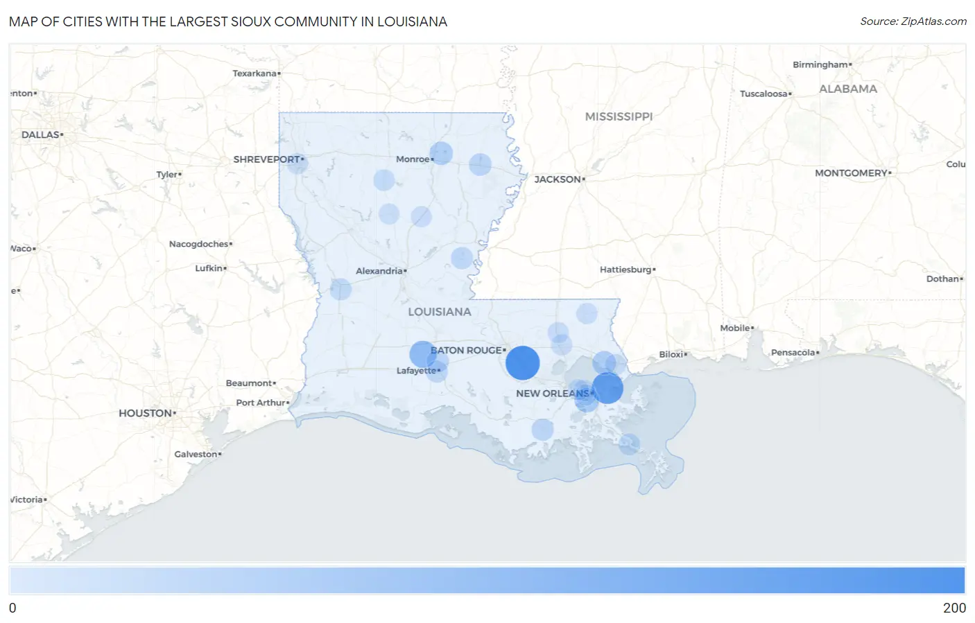 Cities with the Largest Sioux Community in Louisiana Map