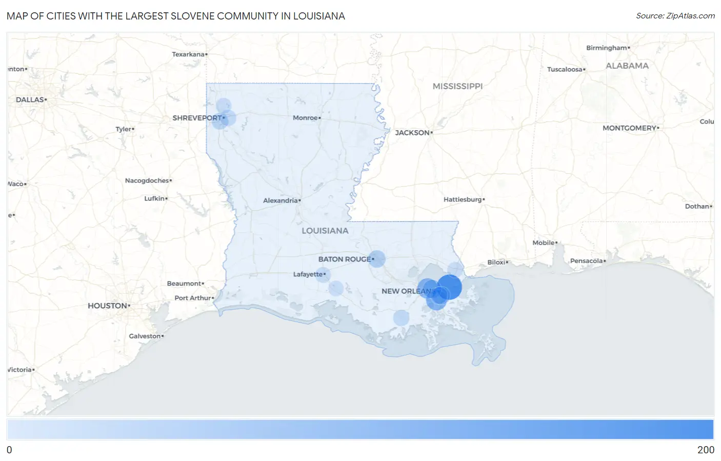 Cities with the Largest Slovene Community in Louisiana Map