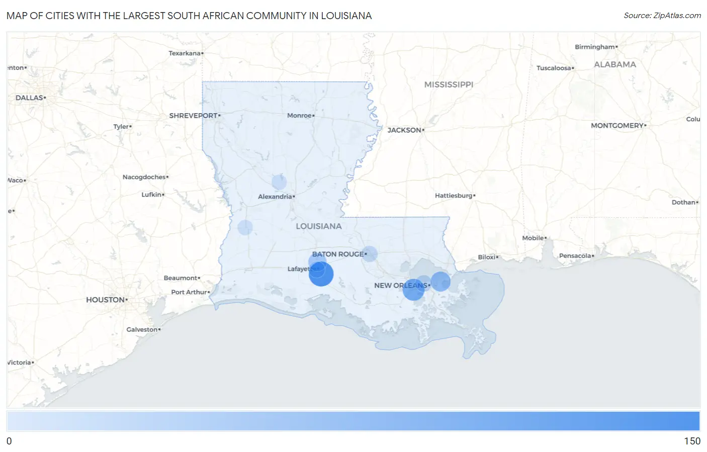 Cities with the Largest South African Community in Louisiana Map