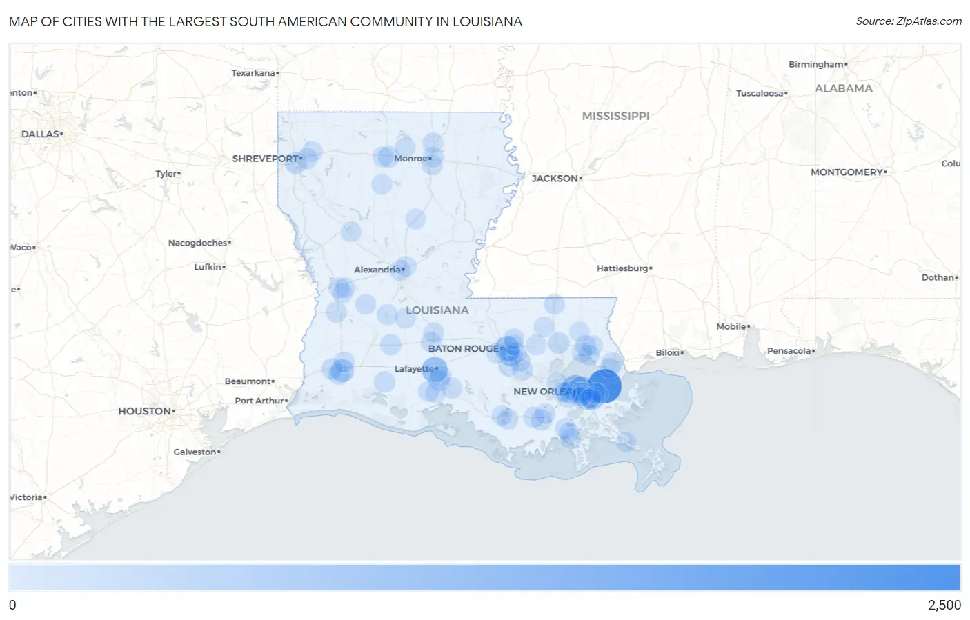 Cities with the Largest South American Community in Louisiana Map