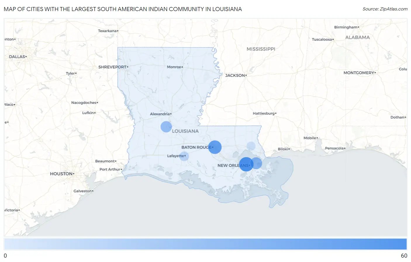 Cities with the Largest South American Indian Community in Louisiana Map