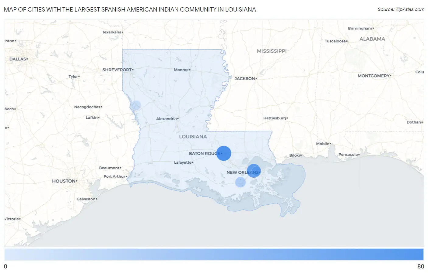 Cities with the Largest Spanish American Indian Community in Louisiana Map