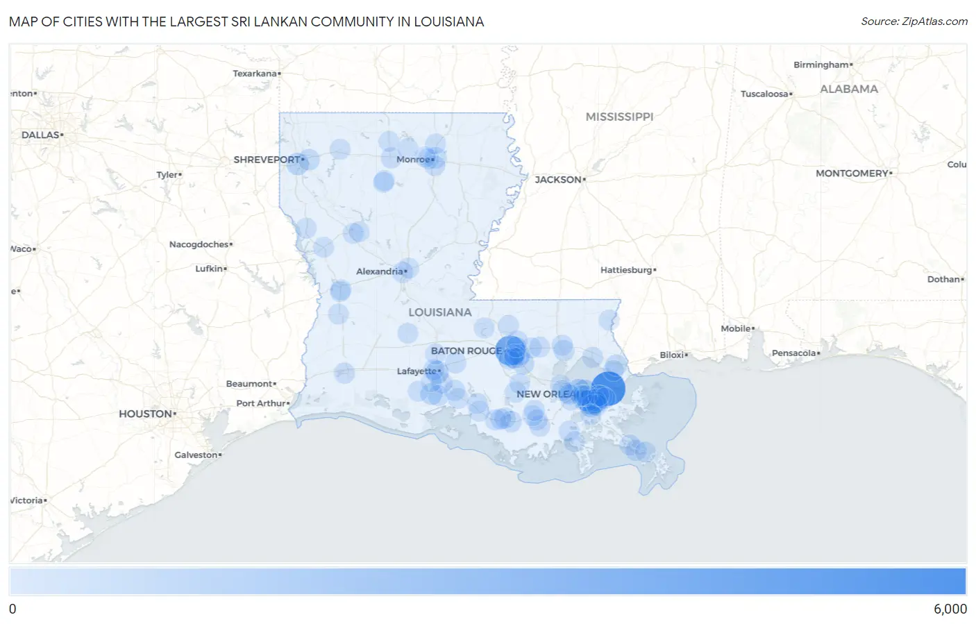 Cities with the Largest Sri Lankan Community in Louisiana Map