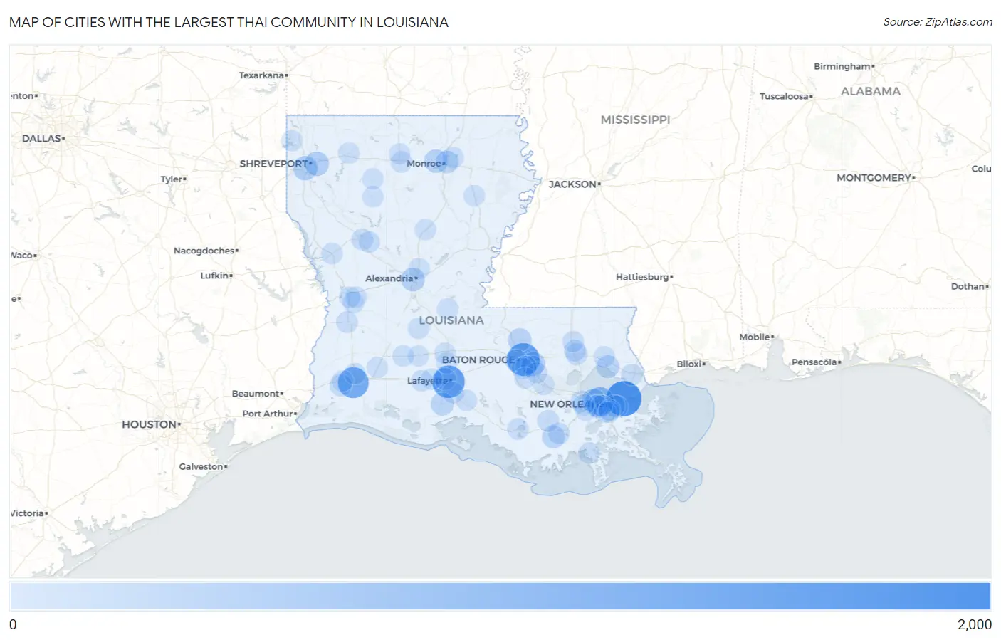 Cities with the Largest Thai Community in Louisiana Map