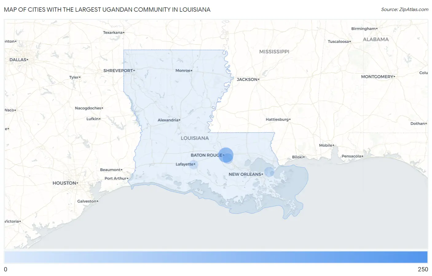 Cities with the Largest Ugandan Community in Louisiana Map