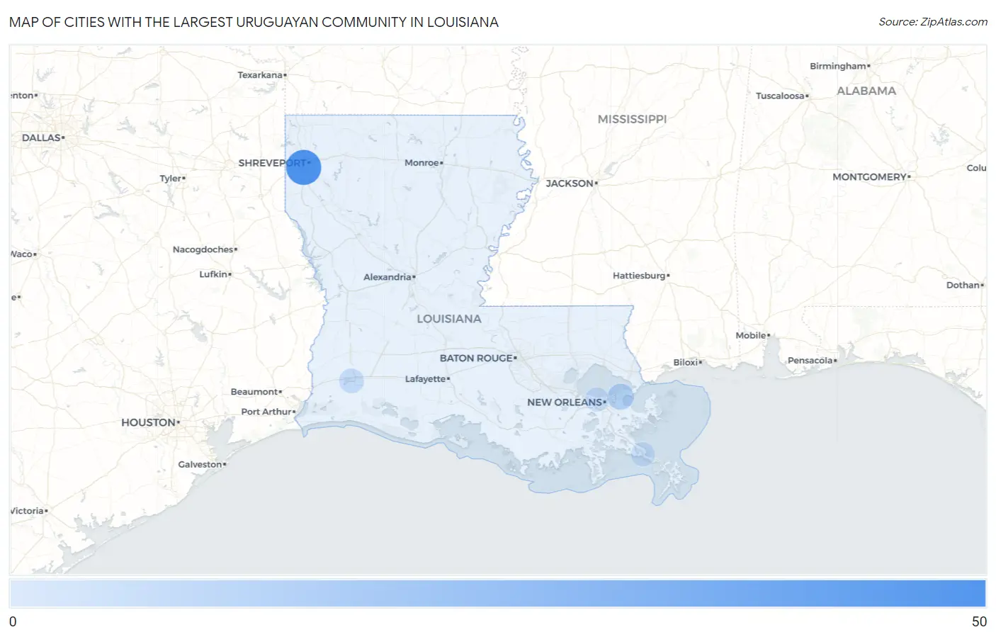 Cities with the Largest Uruguayan Community in Louisiana Map