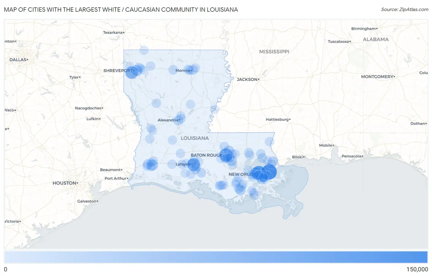 Cities with the Largest White / Caucasian Community in Louisiana Map