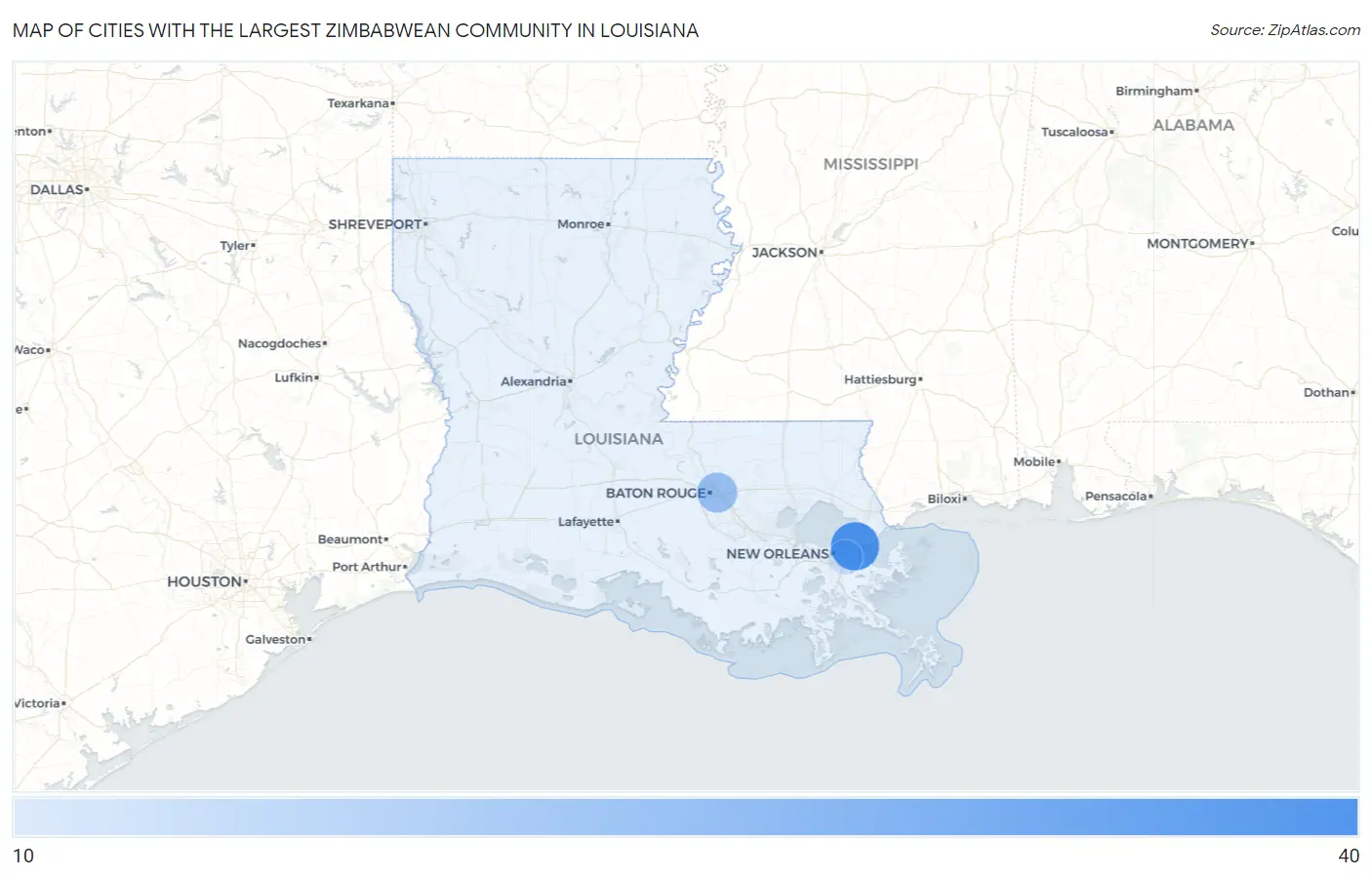 Cities with the Largest Zimbabwean Community in Louisiana Map