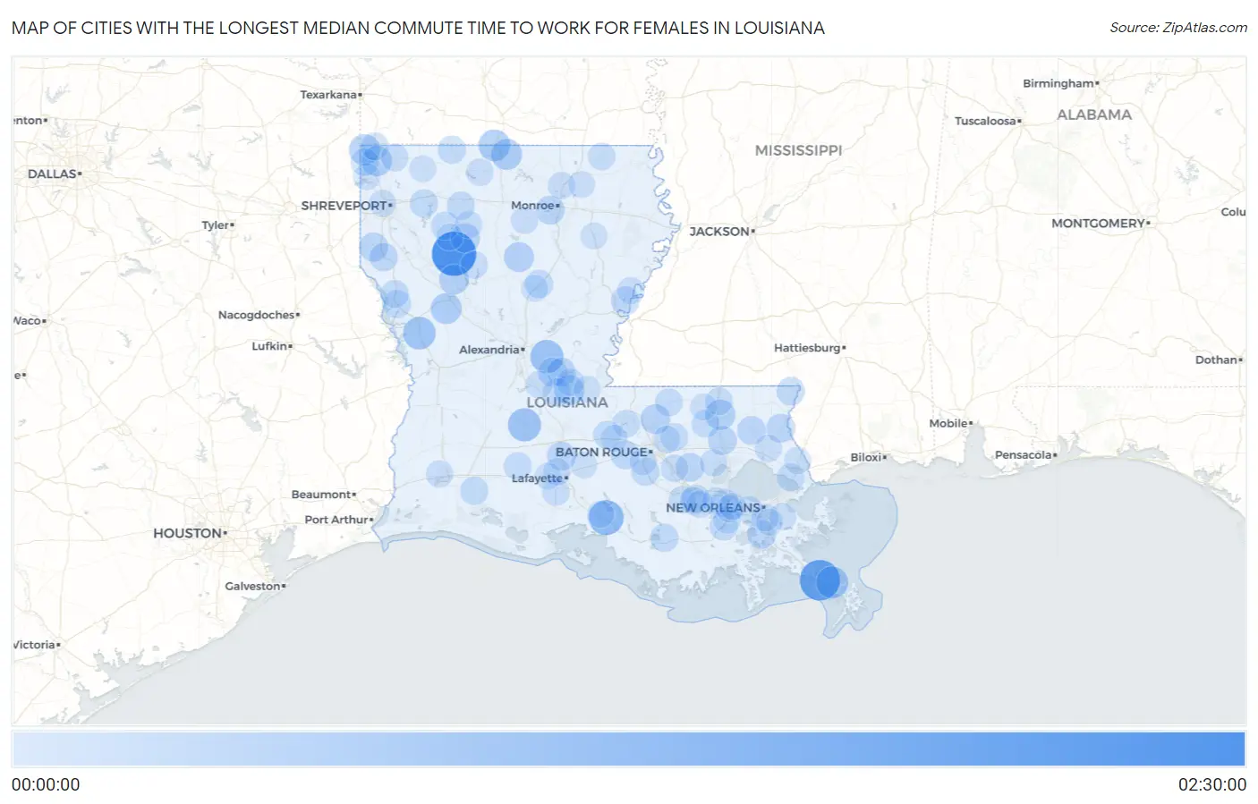 Cities with the Longest Median Commute Time to Work for Females in Louisiana Map