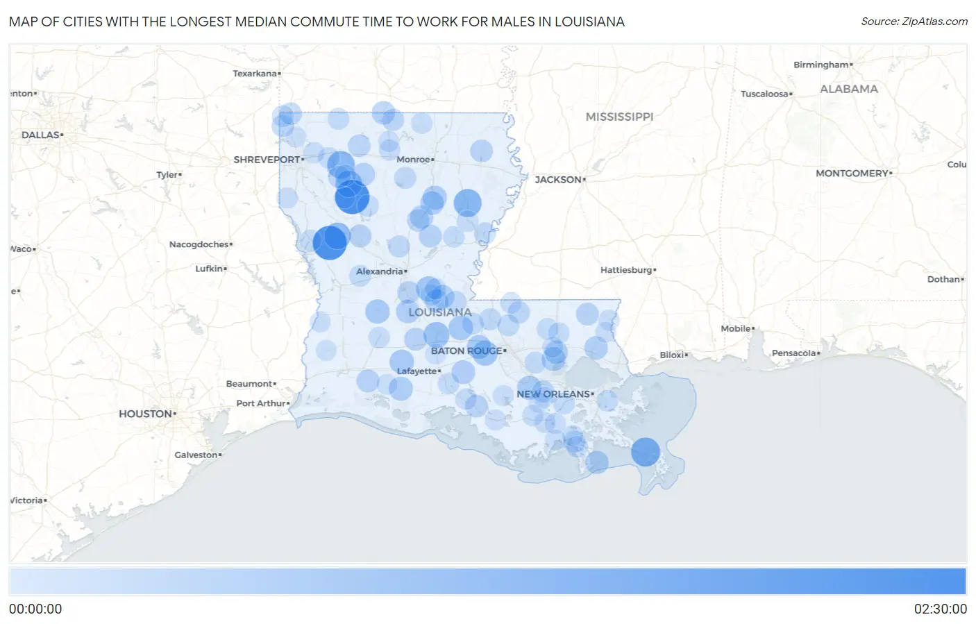 Cities with the Longest Median Commute Time to Work for Males in Louisiana Map