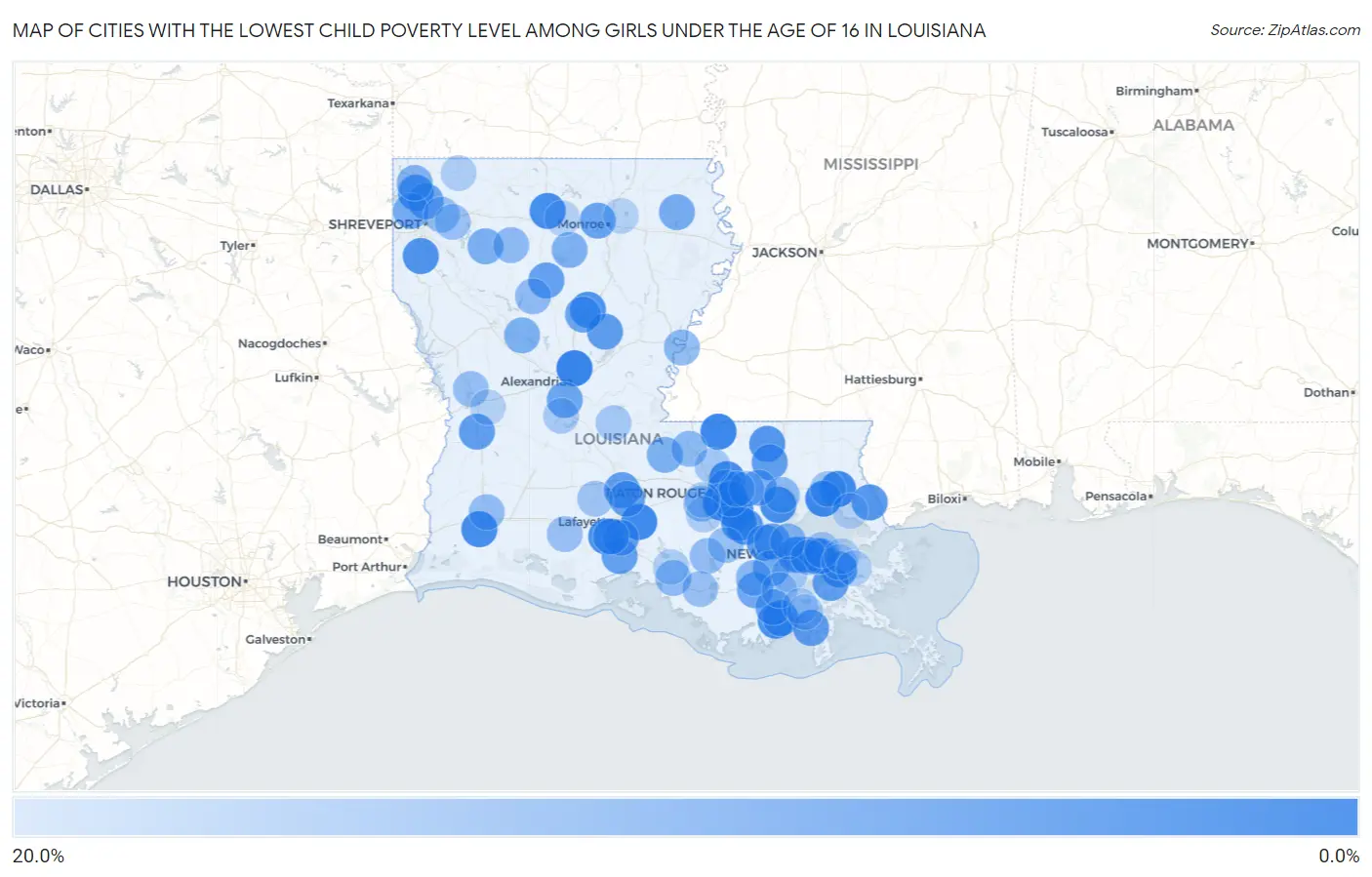 Cities with the Lowest Child Poverty Level Among Girls Under the Age of 16 in Louisiana Map