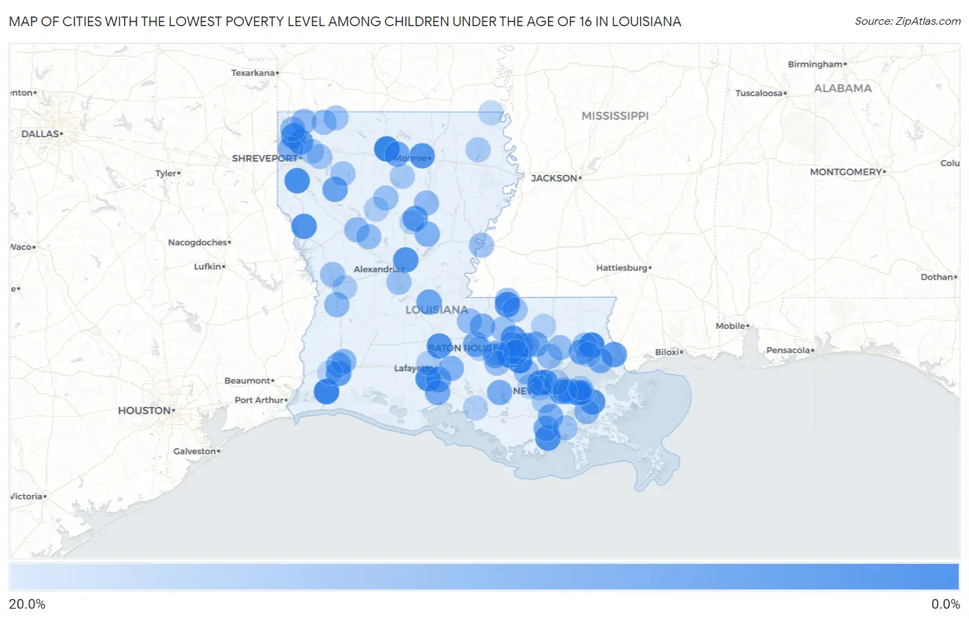 Cities with the Lowest Poverty Level Among Children Under the Age of 16 in Louisiana Map