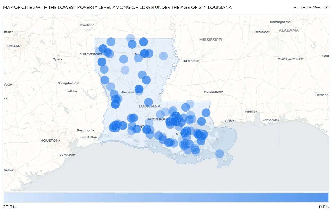 Cities with the Lowest Poverty Level Among Children Under the Age of 5 in Louisiana Map