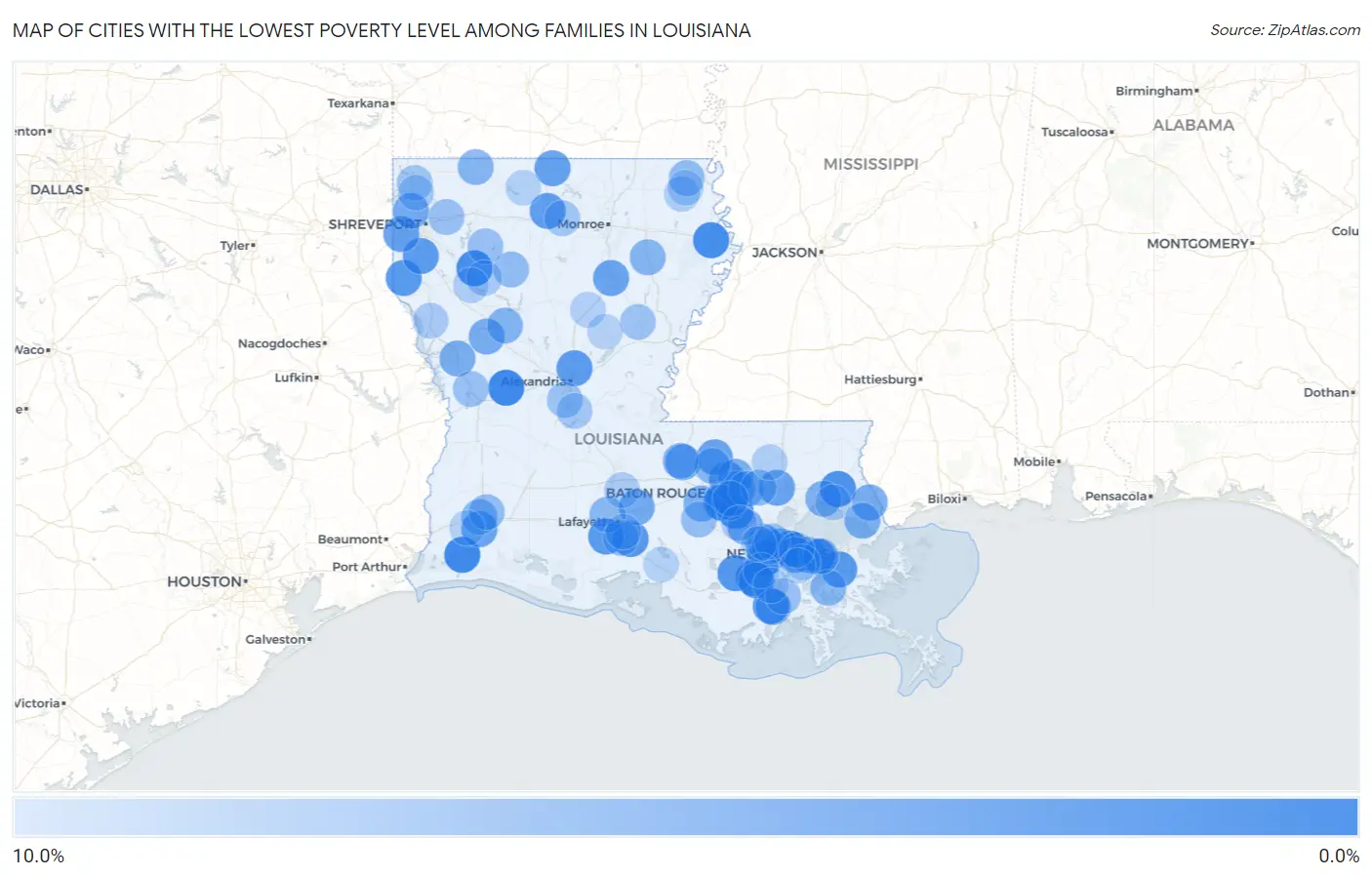 Cities with the Lowest Poverty Level Among Families in Louisiana Map