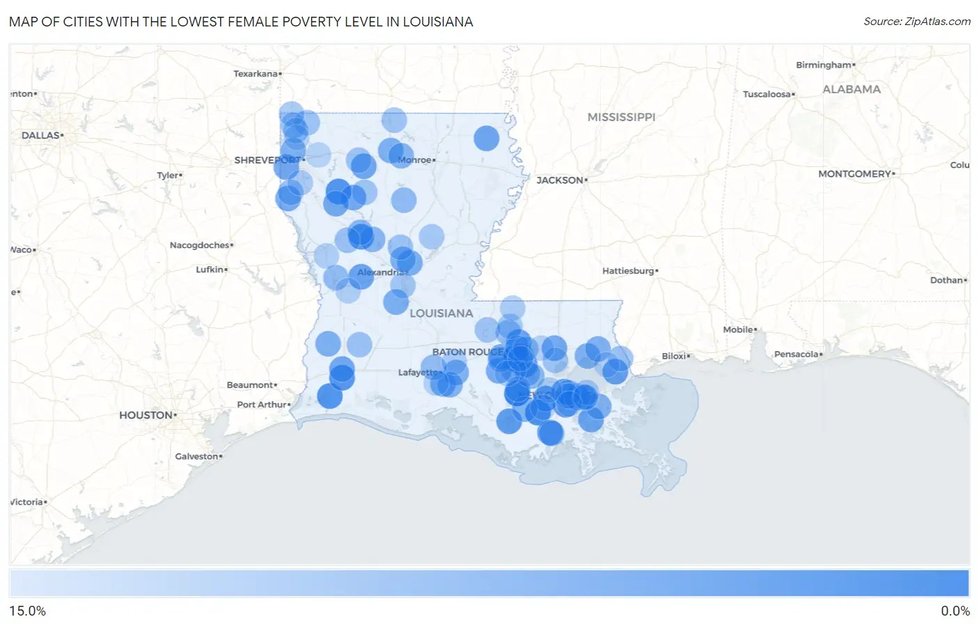 Cities with the Lowest Female Poverty Level in Louisiana Map