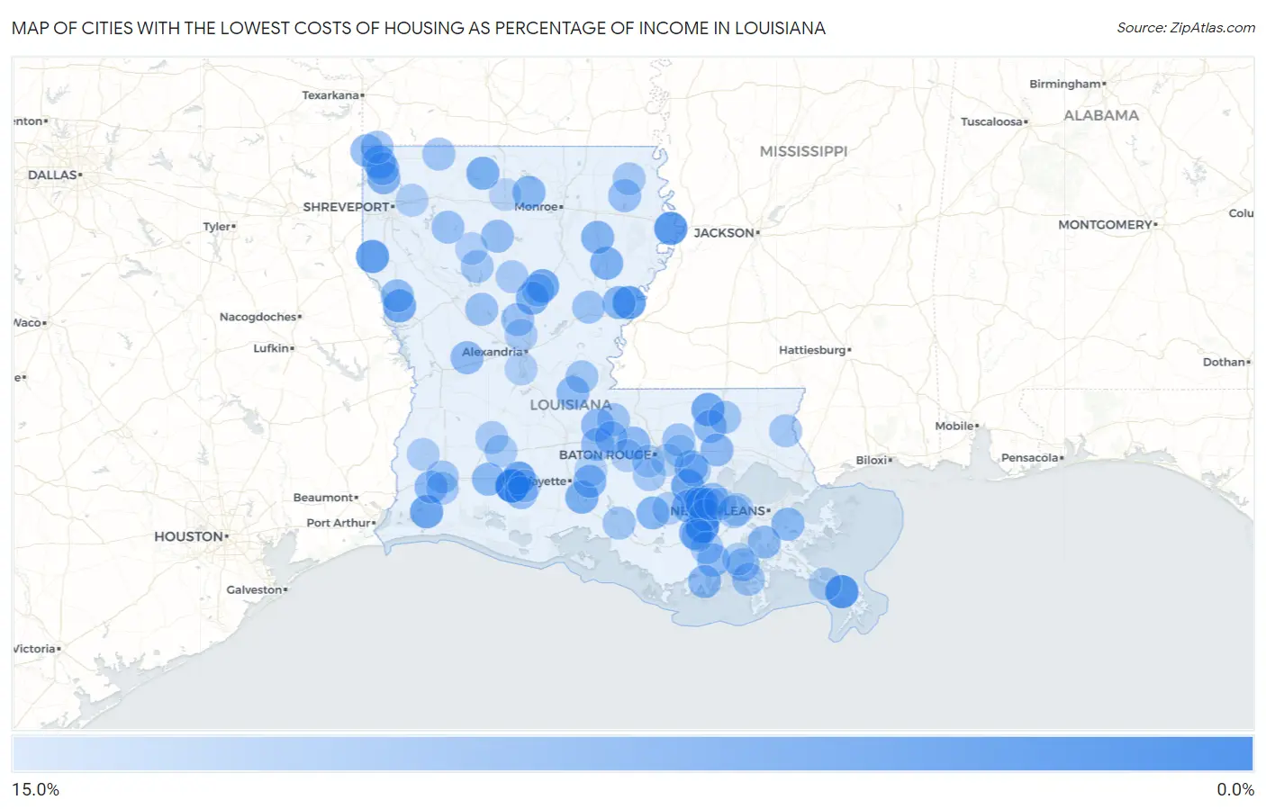 Cities with the Lowest Costs of Housing as Percentage of Income in Louisiana Map