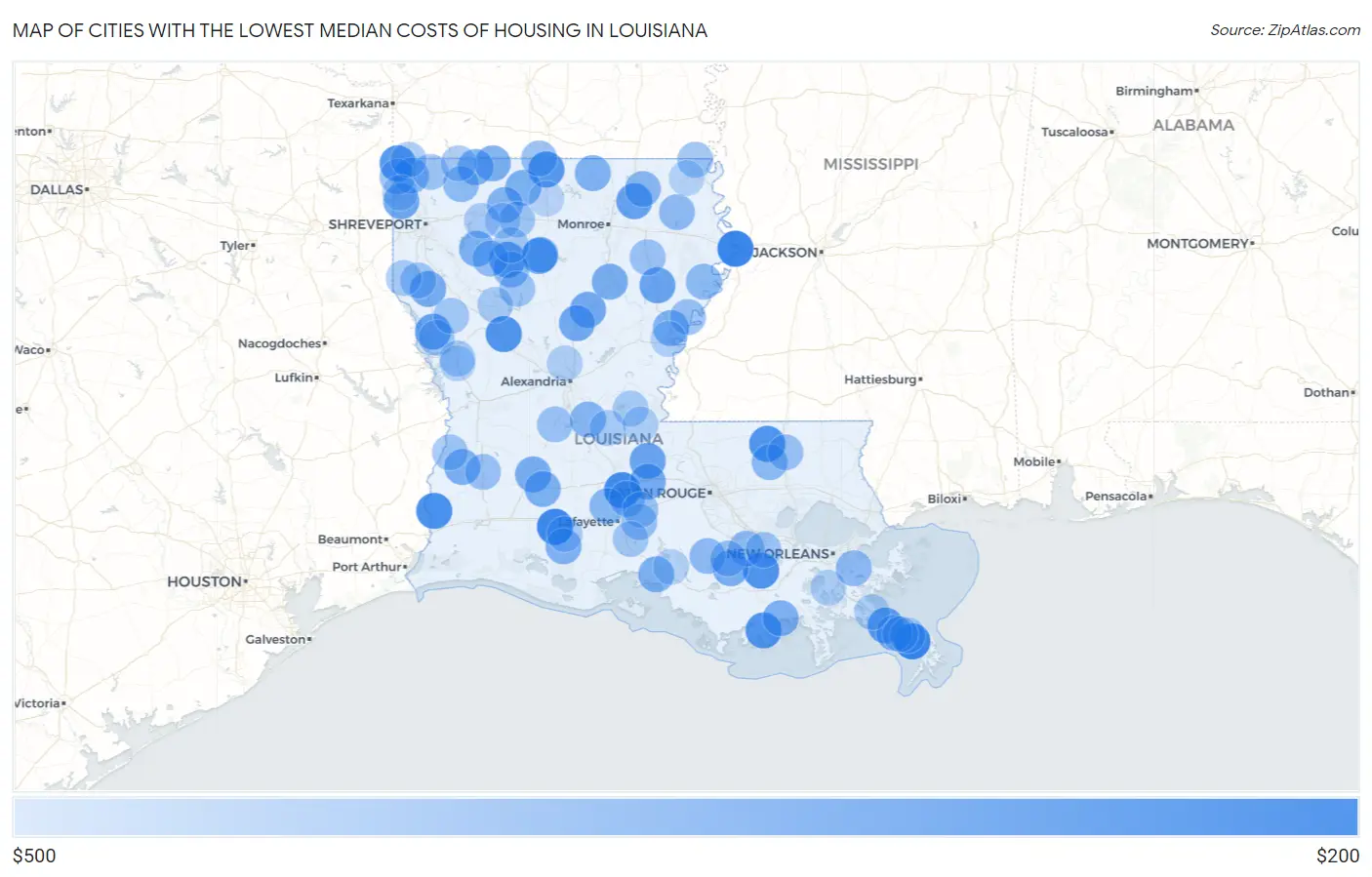 Cities with the Lowest Median Costs of Housing in Louisiana Map