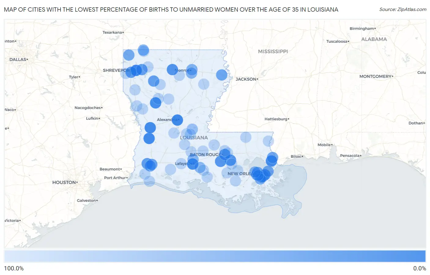 Cities with the Lowest Percentage of Births to Unmarried Women over the Age of 35 in Louisiana Map