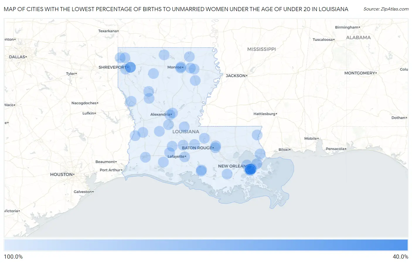 Cities with the Lowest Percentage of Births to Unmarried Women under the Age of under 20 in Louisiana Map