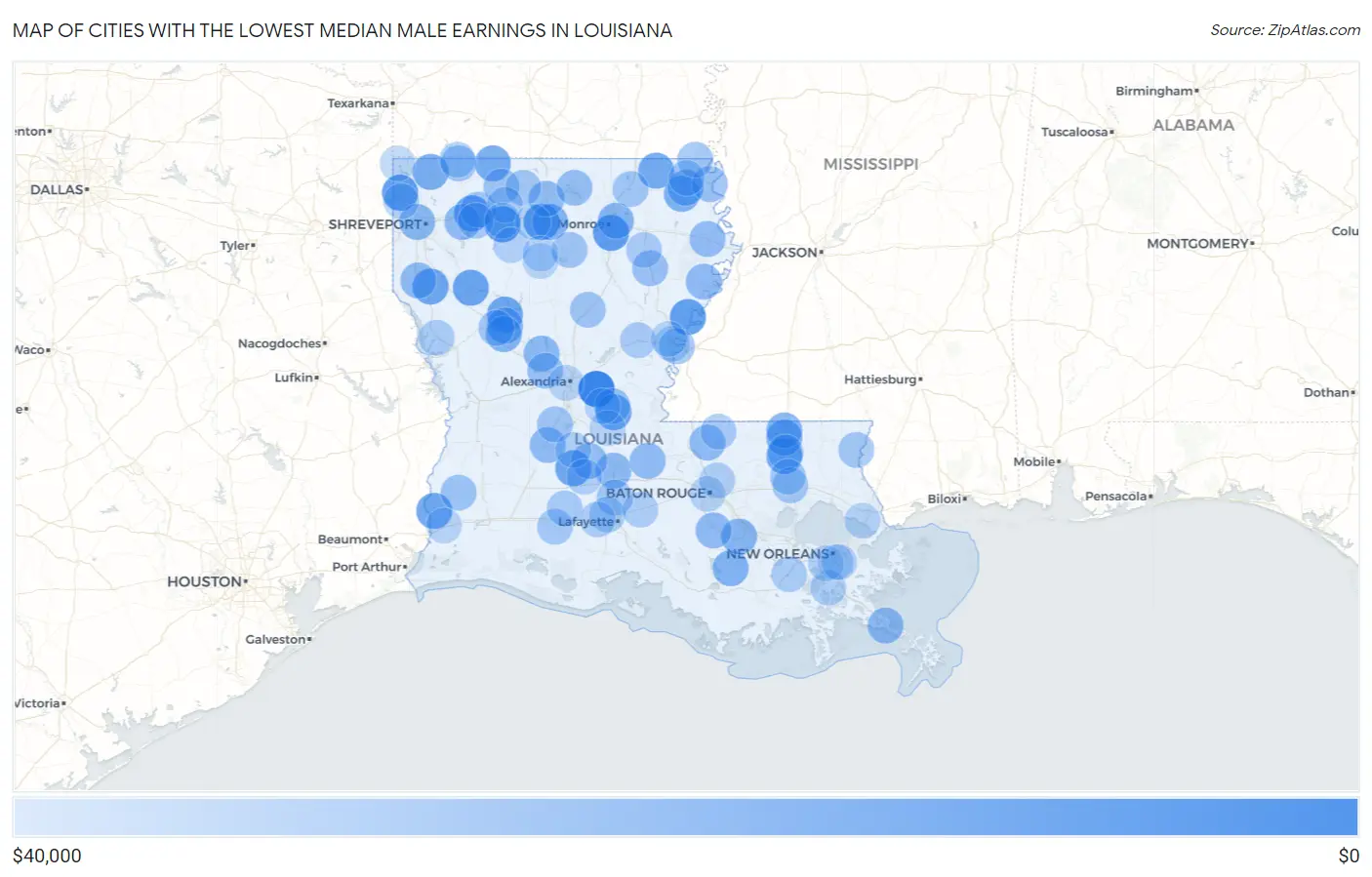 Cities with the Lowest Median Male Earnings in Louisiana Map