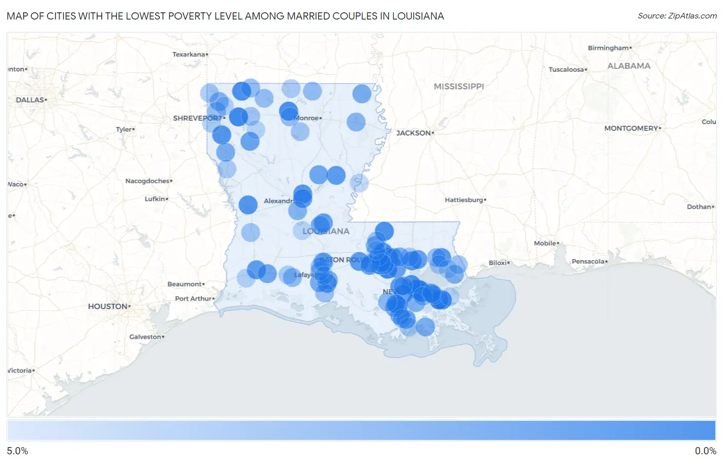 Cities with the Lowest Poverty Level Among Married Couples in Louisiana Map