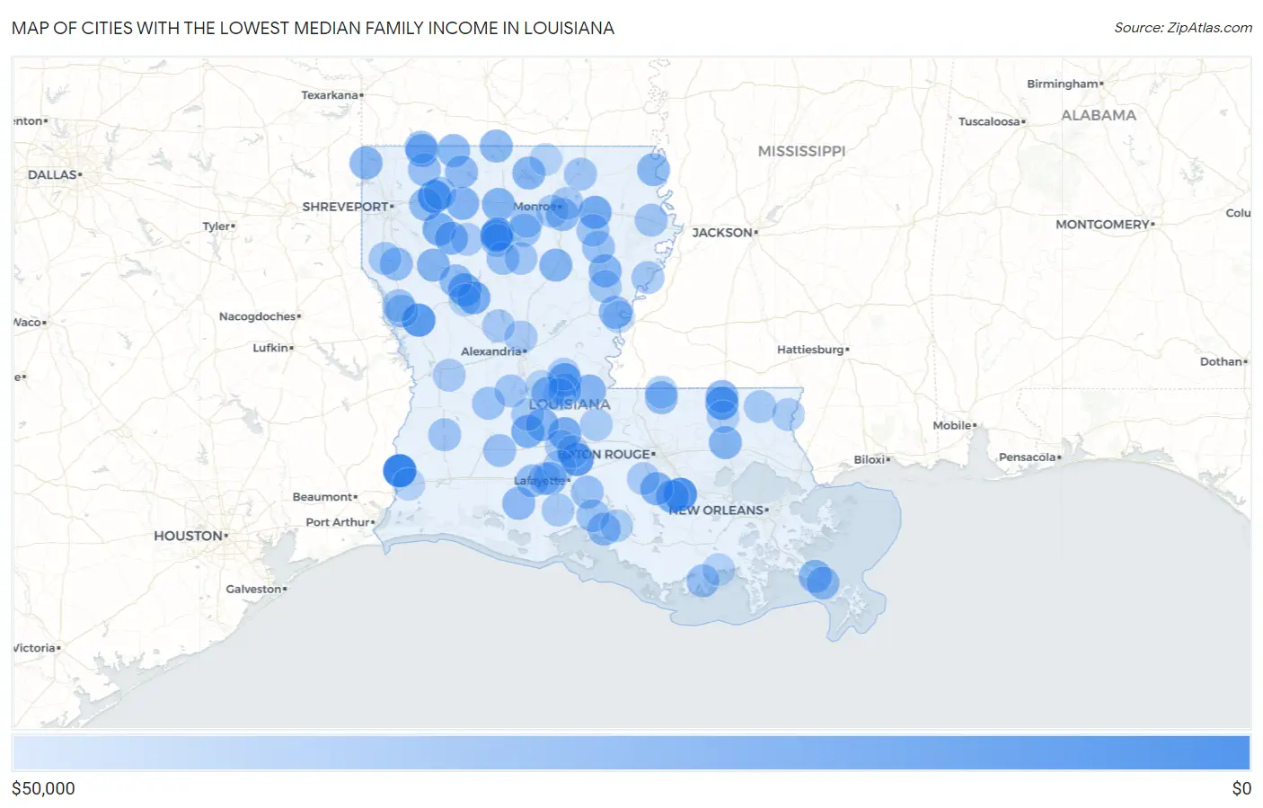Cities with the Lowest Median Family Income in Louisiana Map