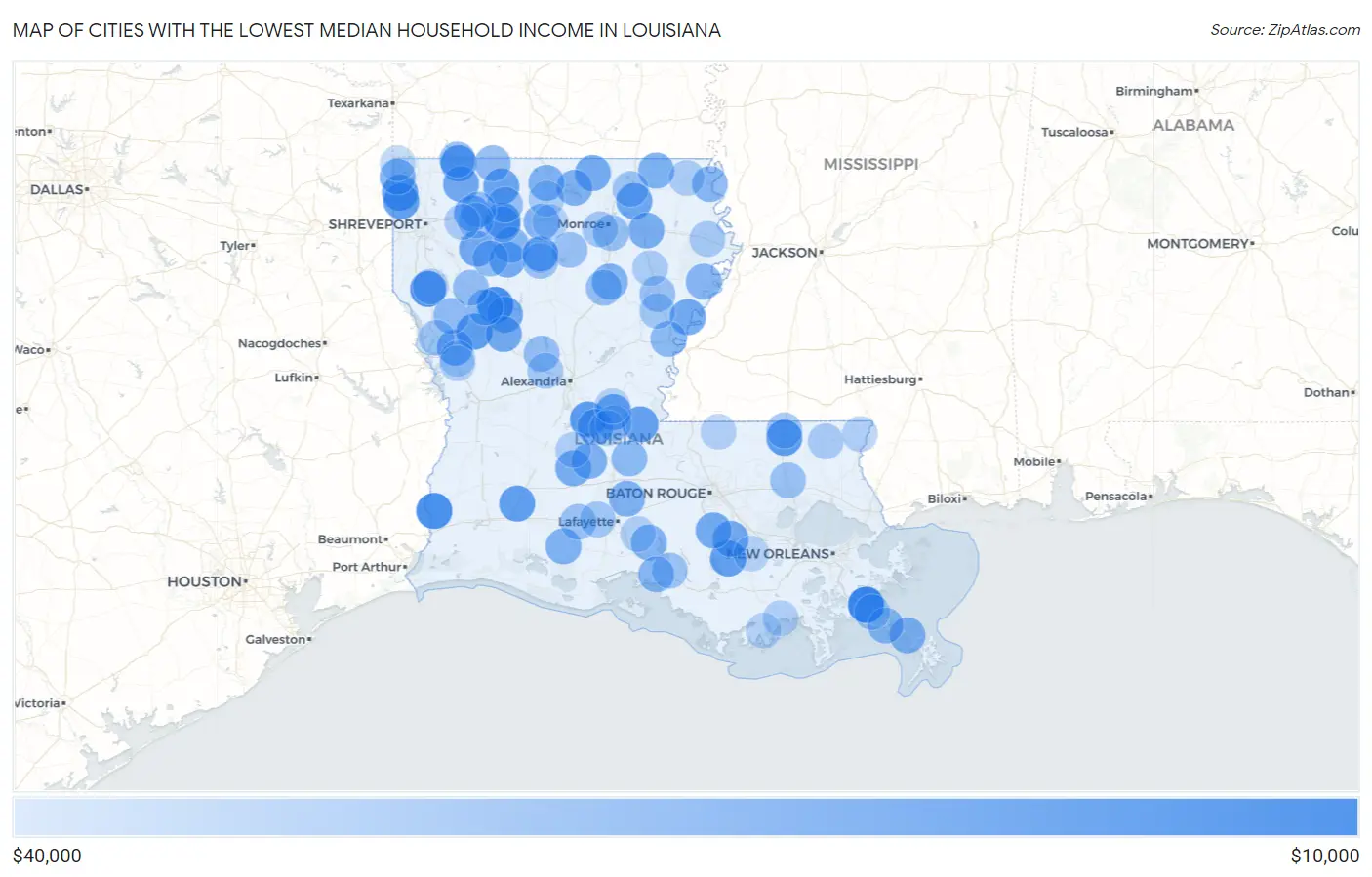 Cities with the Lowest Median Household Income in Louisiana Map