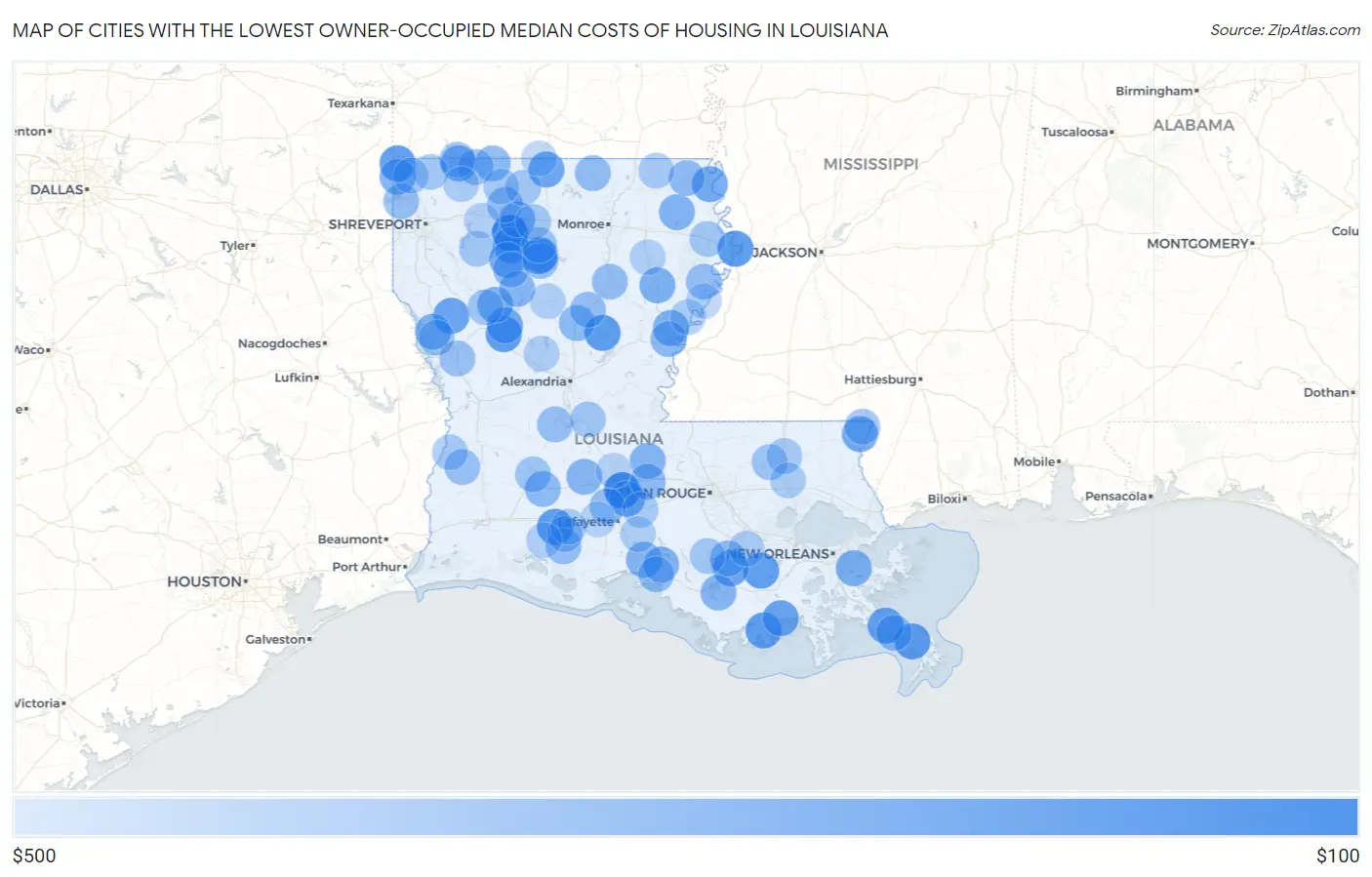 Cities with the Lowest Owner-Occupied Median Costs of Housing in Louisiana Map