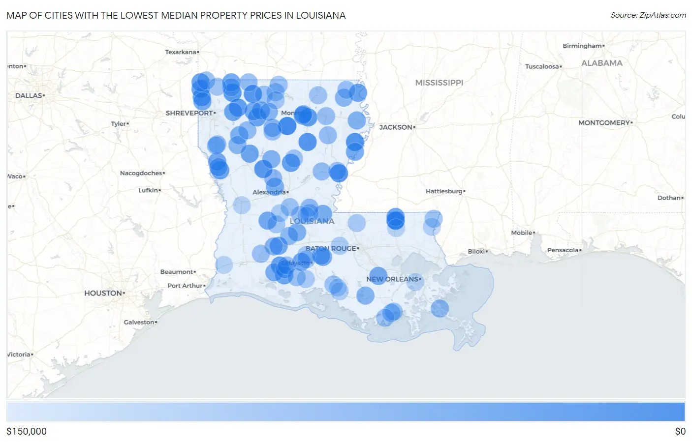 Cities with the Lowest Median Property Prices in Louisiana Map