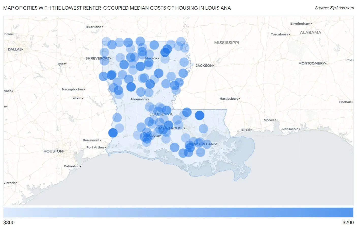 Cities with the Lowest Renter-Occupied Median Costs of Housing in Louisiana Map