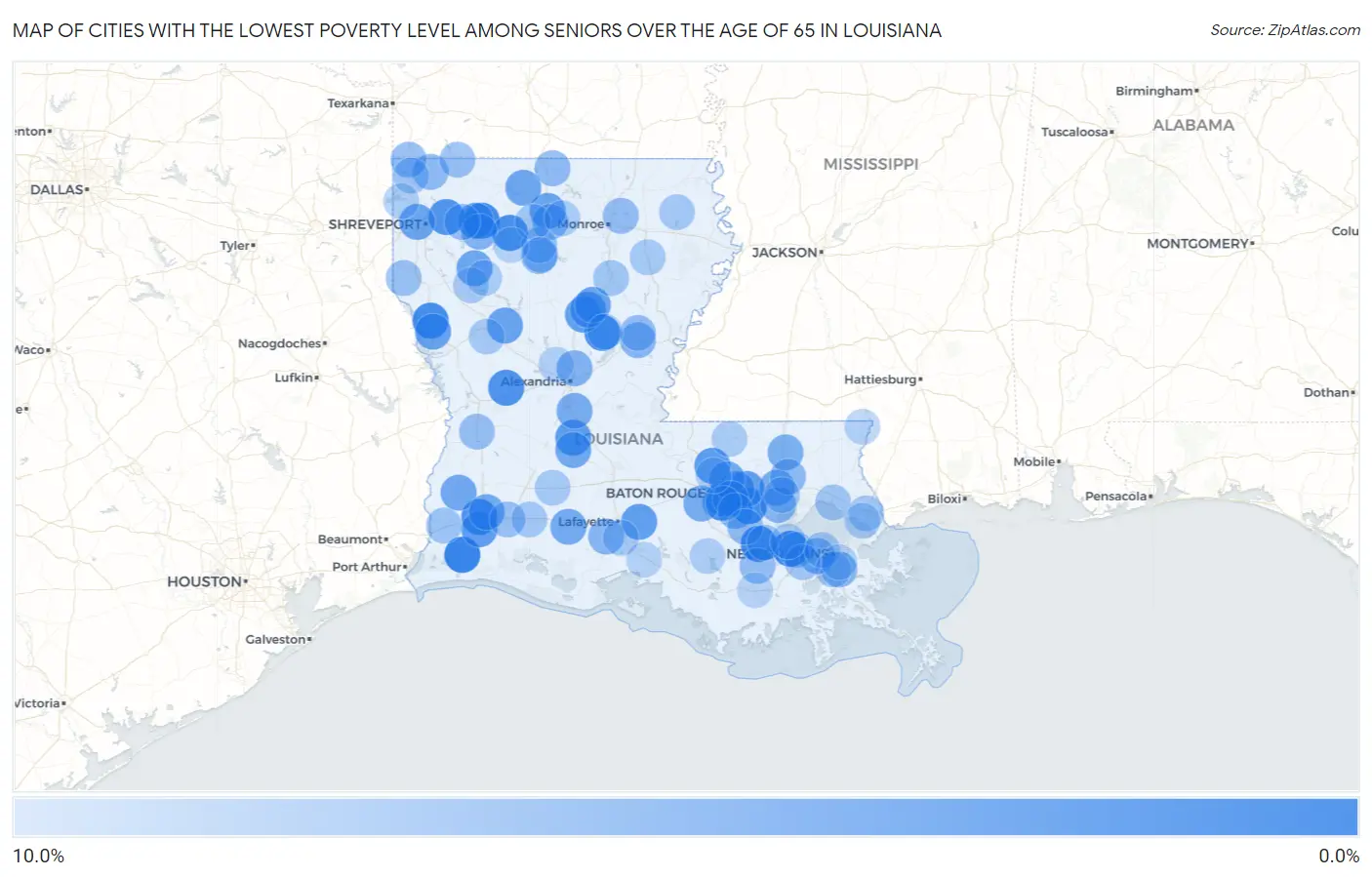 Cities with the Lowest Poverty Level Among Seniors Over the Age of 65 in Louisiana Map