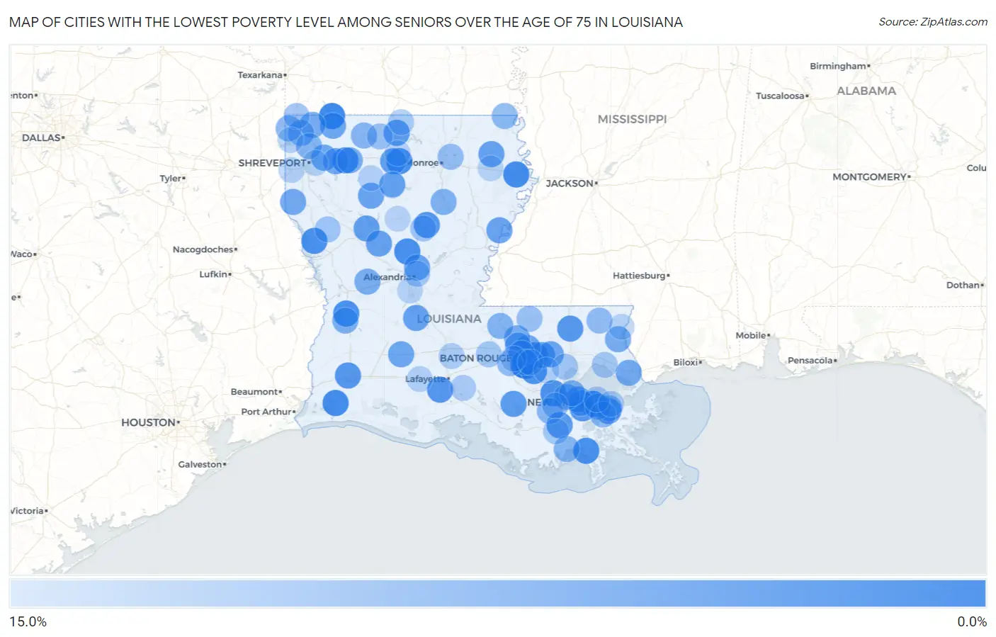 Cities with the Lowest Poverty Level Among Seniors Over the Age of 75 in Louisiana Map