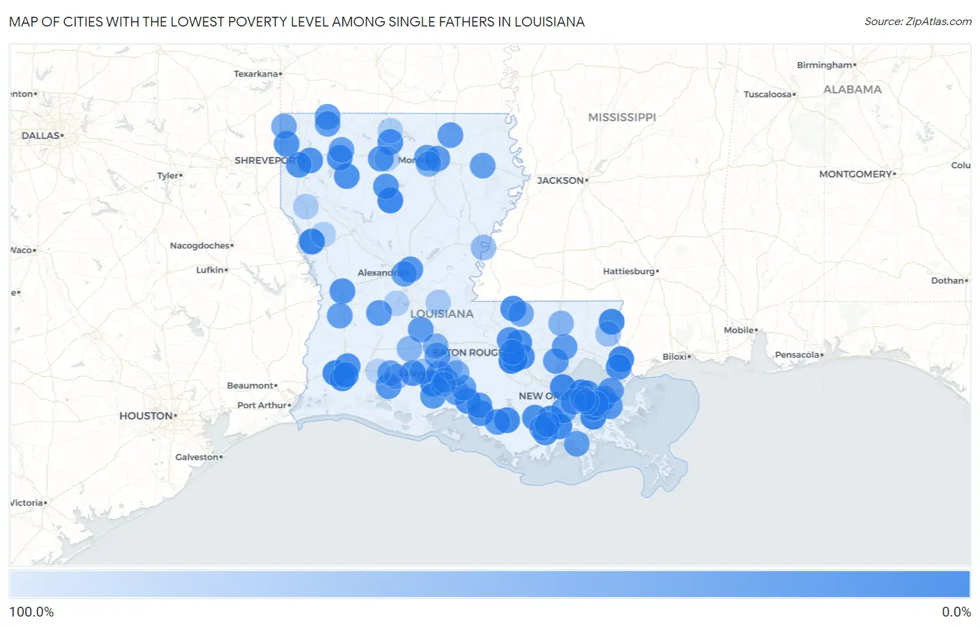 Cities with the Lowest Poverty Level Among Single Fathers in Louisiana Map