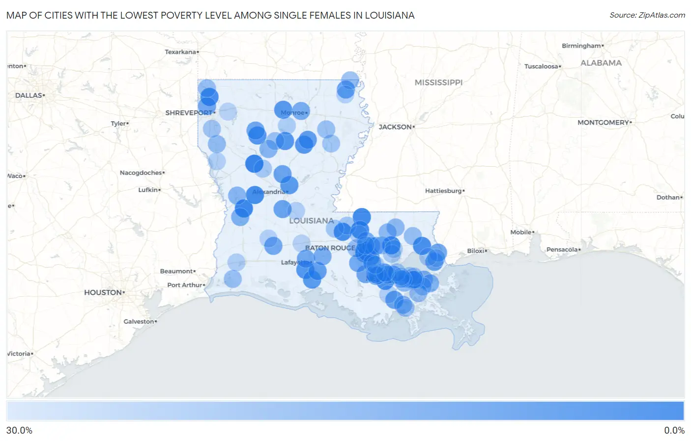 Cities with the Lowest Poverty Level Among Single Females in Louisiana Map