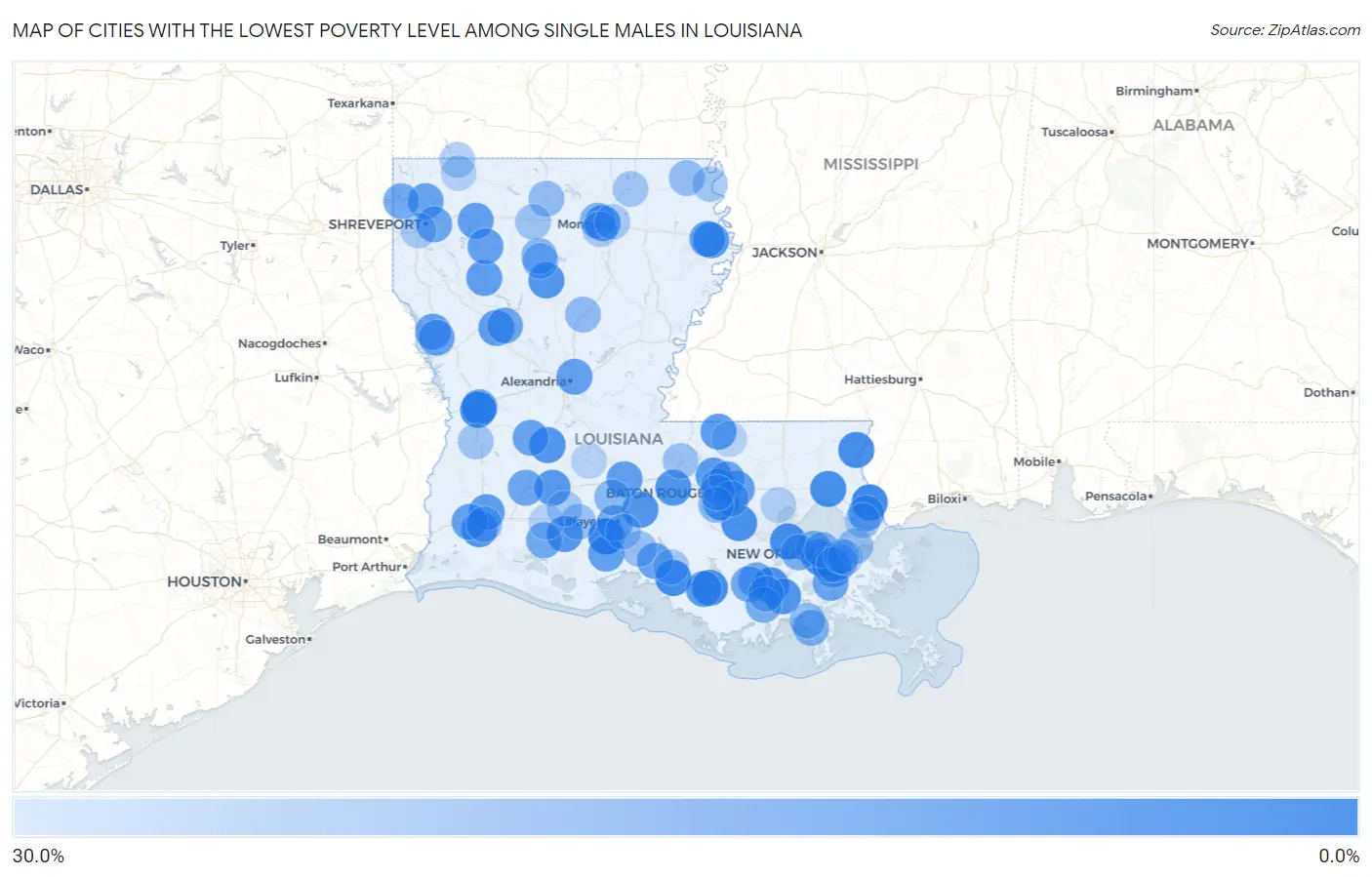 Cities with the Lowest Poverty Level Among Single Males in Louisiana Map