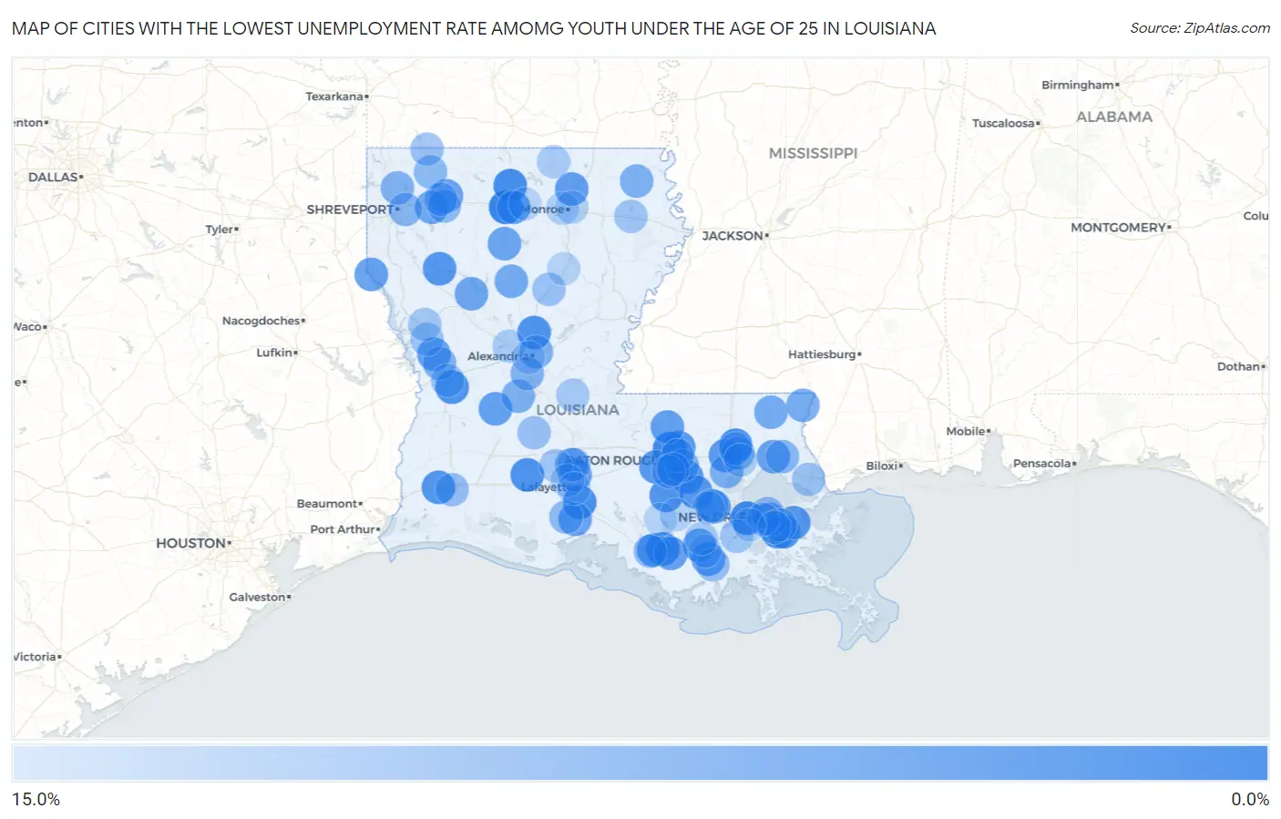 Cities with the Lowest Unemployment Rate Amomg Youth Under the Age of 25 in Louisiana Map