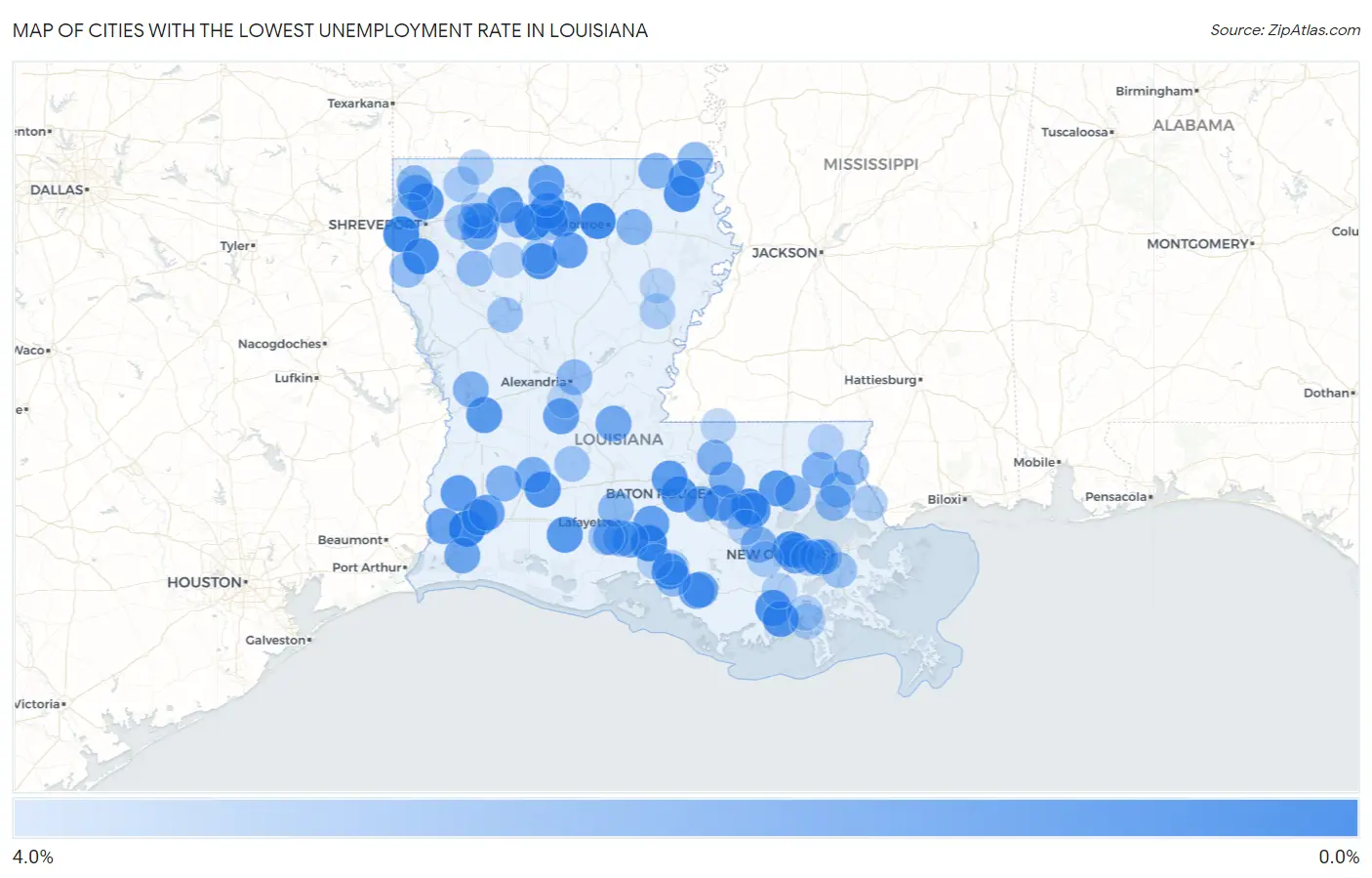 Cities with the Lowest Unemployment Rate in Louisiana Map