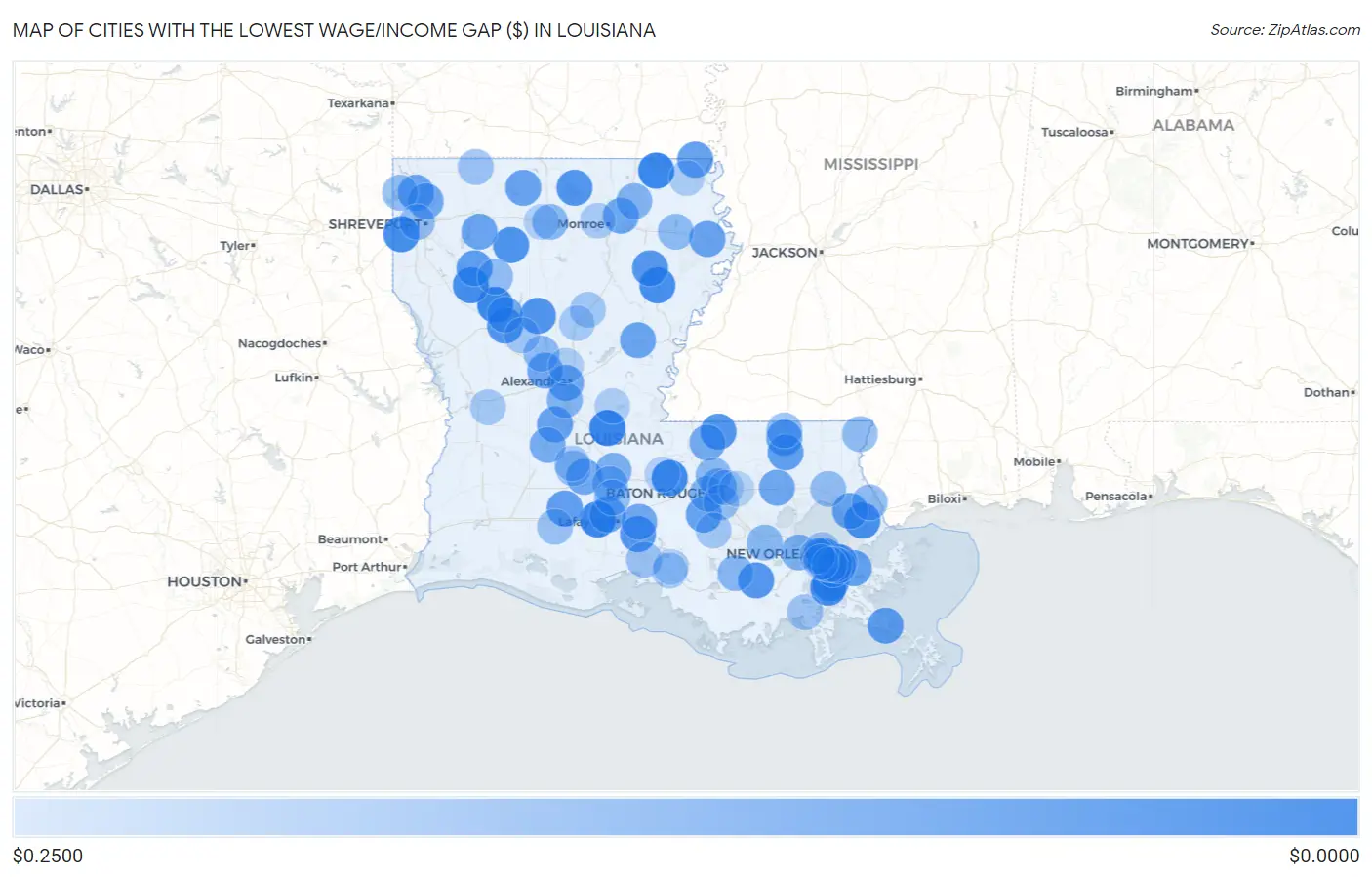 Cities with the Lowest Wage/Income Gap ($) in Louisiana Map