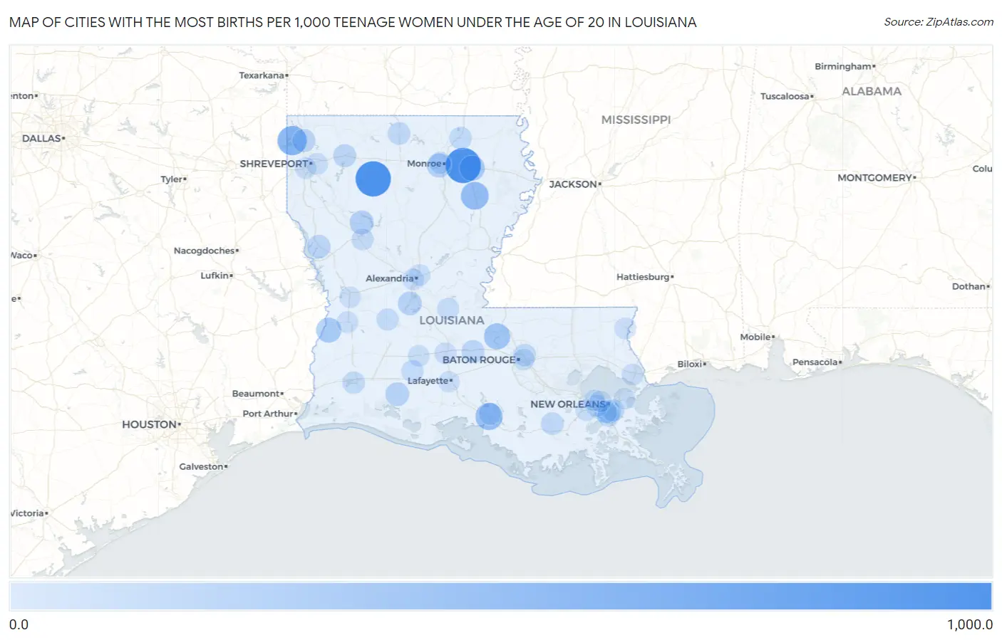Cities with the Most Births per 1,000 Teenage Women Under the Age of 20 in Louisiana Map