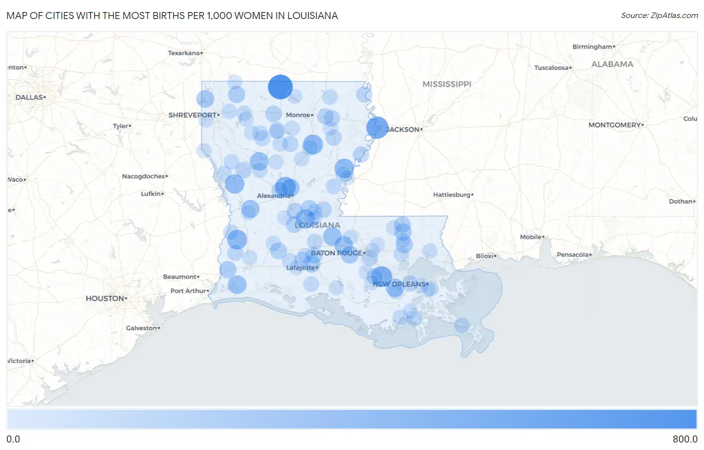 Cities with the Most Births per 1,000 Women in Louisiana Map