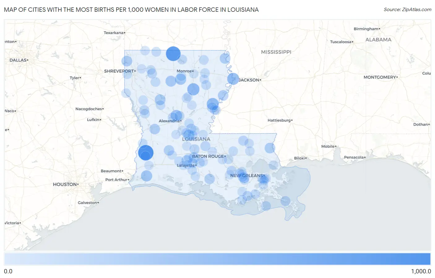 Cities with the Most Births per 1,000 Women in Labor Force in Louisiana Map